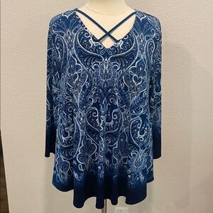 Chico's Navy & White Paisley Long Sleeve Top Sz Large
